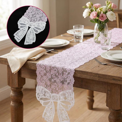 Pink Lace Table Runner with Big Bow Ends, Rectangle Cute Doily Table Runner Embroidered Pink Lace Tablecloth French Style Bow Tablecloth for Wedding Home Party Decor