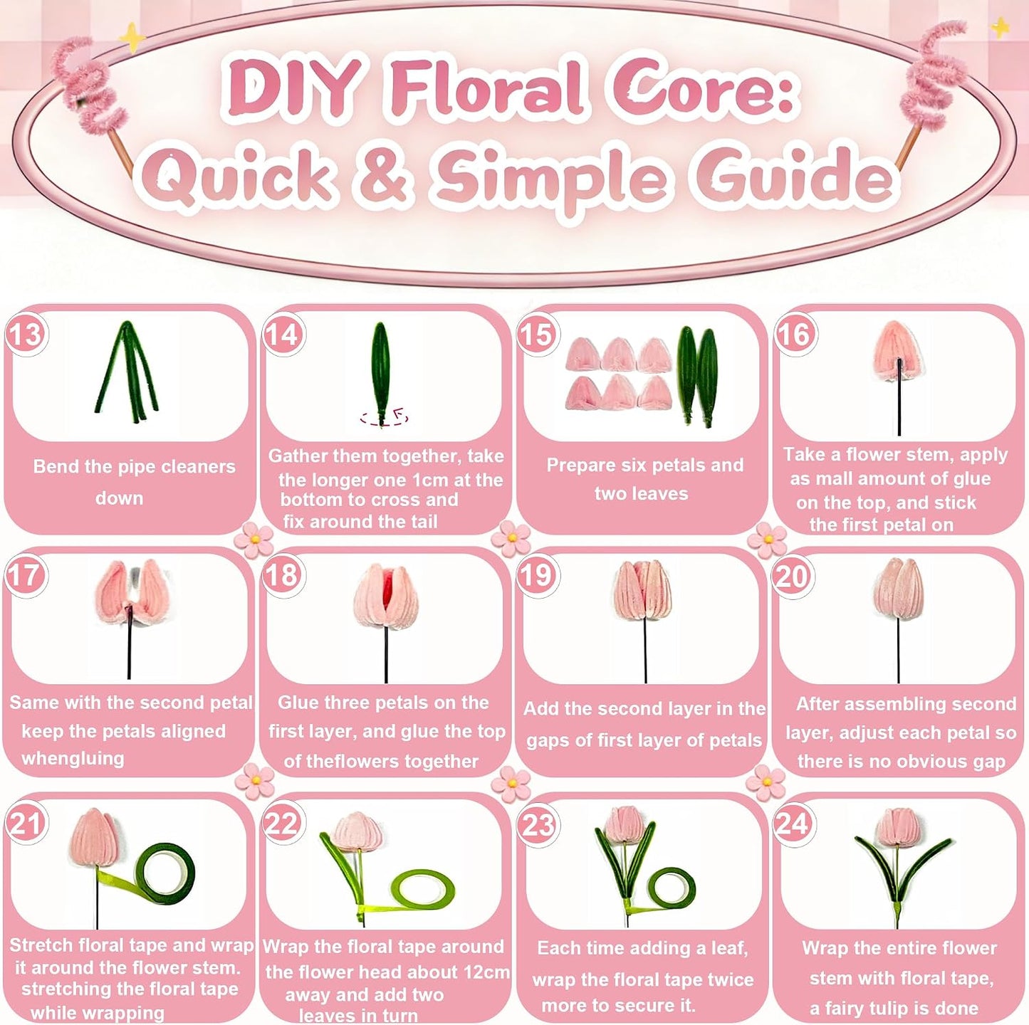 Pink Pipe Cleaners Craft, 500+ Pcs Pipe Cleaner Flower Making Kit with Wrapping Paper & Floral Tape, DIY Tulip Rose Bouquet Arts and Crafts Supplies for Adults Beginners Gifts