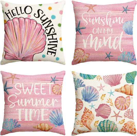 AVOIN colorlife Hello Summer Pink Shell Sunshine on My Mind Throw Pillow Covers, 18x 18 Inch Sweet Summer Time Polka Dots Cushion Case Decoration for Sofa Couch Holiday Seasonal Home Decor Set of 4