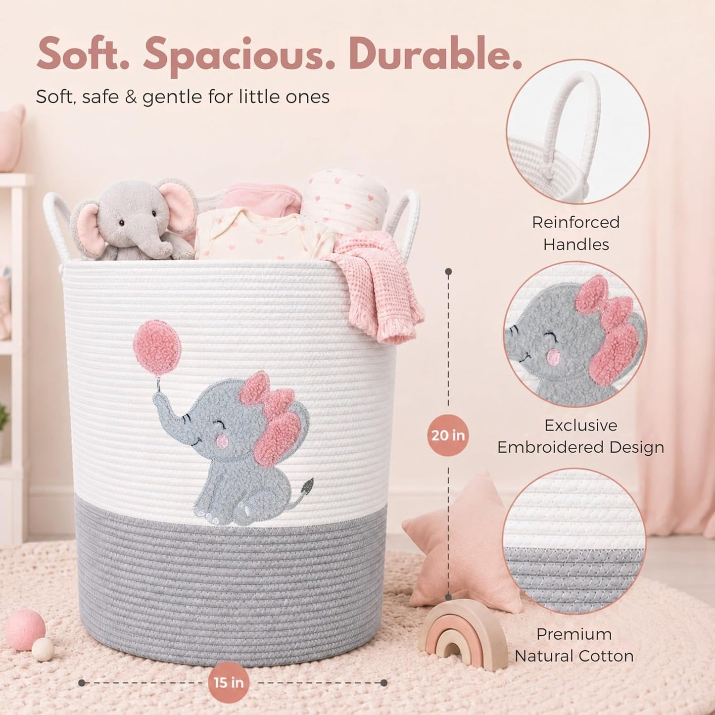 Elephant Laundry Hamper for Baby Girl Nursery – 20"x15" Cotton Rope Basket with Handles – Pink Baby Clothes Hamper, Blanket Storage, Stuffed Animal Organizer, Nursery Decor for Girls