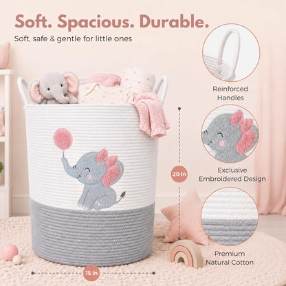 Elephant Laundry Hamper for Baby Girl Nursery – 20"x15" Cotton Rope Basket with Handles – Pink Baby Clothes Hamper, Blanket Storage, Stuffed Animal Organizer, Nursery Decor for Girls