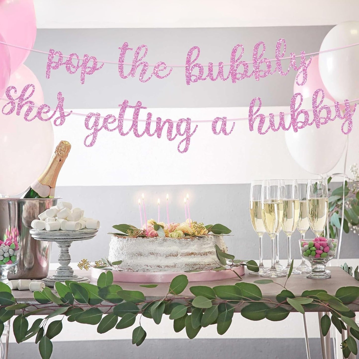 Pre-Strung Pop The Bubbly She's Getting A Hubby Banner - Pink Bridal Banner | NO DIY - Pink Glitter Bachelorette Bridal Party Banner - Pre-Strung on 8 ft Strands - Bachelorette Party Decorations & Decor