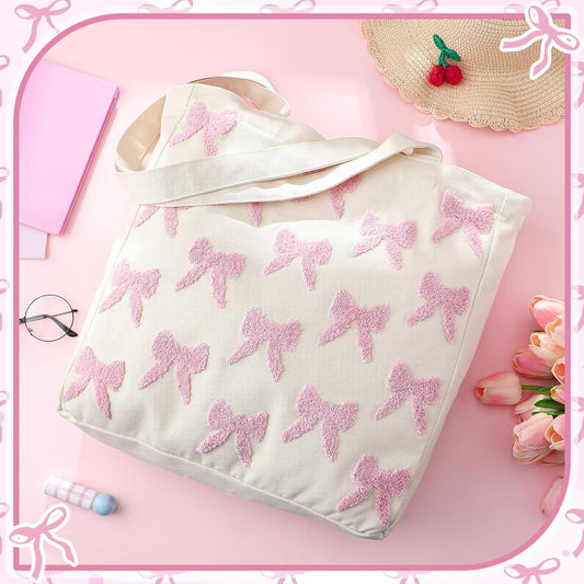 Aliceset Aesthetic Embroidery Tote Bag for Women Floral Reusable Canvas Cute Shoulder Bag for Gym Shopping