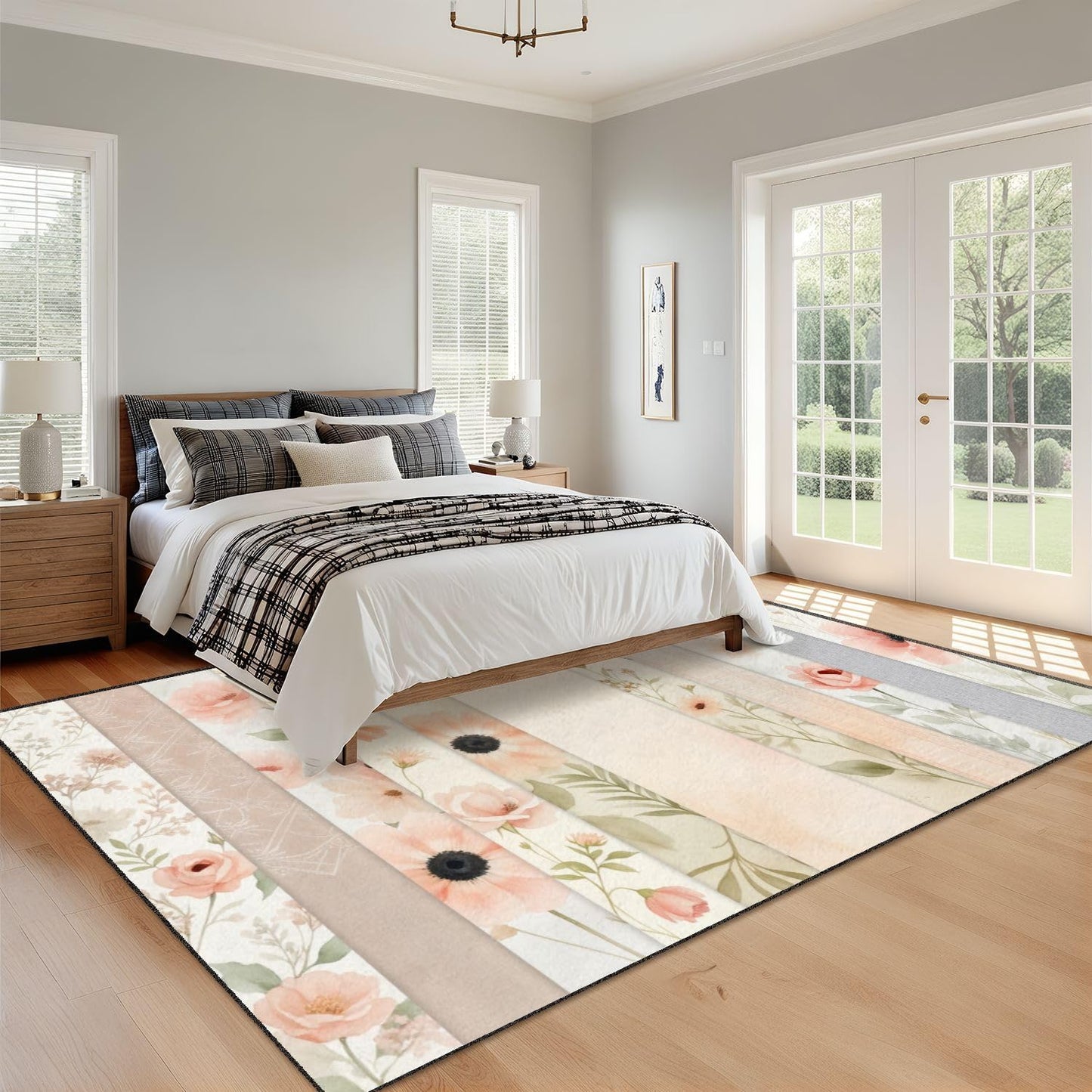 10x14 Area Rugs for Bedroom Boho Washable Rug for Living Room Soft Pastel Floral Pink Peach Flowers Light Extra Large Soft Rubber Backed Non-Slip Carpets for Office Dining Room