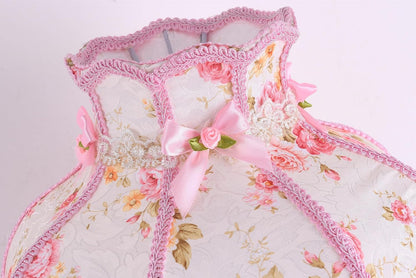 Victorian Style Table Lamp Pink Handmade Princess Lamp Lace Fabric Lampshade, Traditional Resin Flower Carved Base Side Lamp for Living Room Family Bedroom, 13" W, 21.6" H.