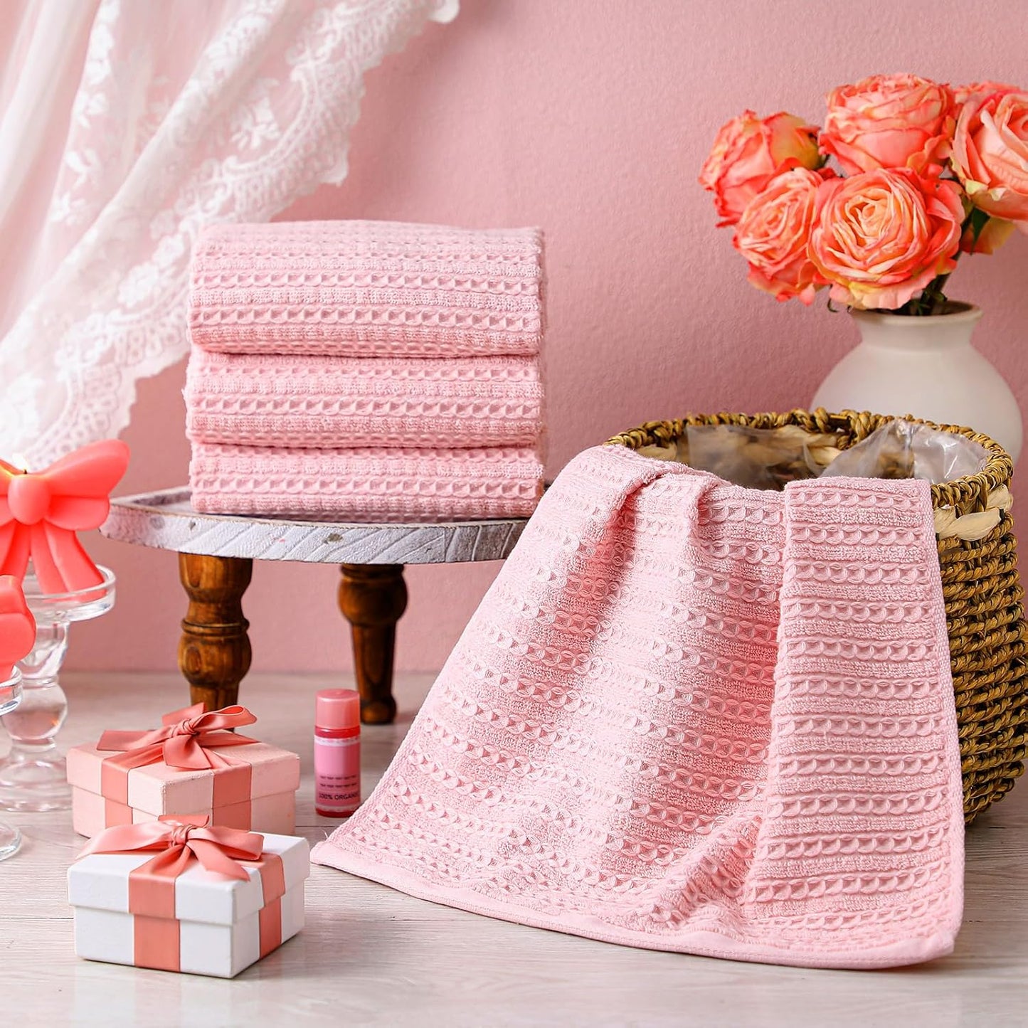 Mindsoft 4 Pack Pink Hand Towels Waffle Striped Pattern 100% Cotton Soft Hand Towels for Bathroom 13 x 29 Inch Absorbent Waffle Washcloths for Bathroom Kitchen