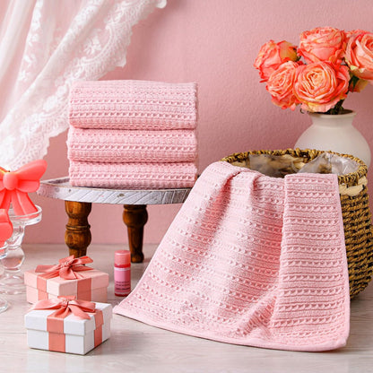 Mindsoft 4 Pack Pink Hand Towels Waffle Striped Pattern 100% Cotton Soft Hand Towels for Bathroom 13 x 29 Inch Absorbent Waffle Washcloths for Bathroom Kitchen