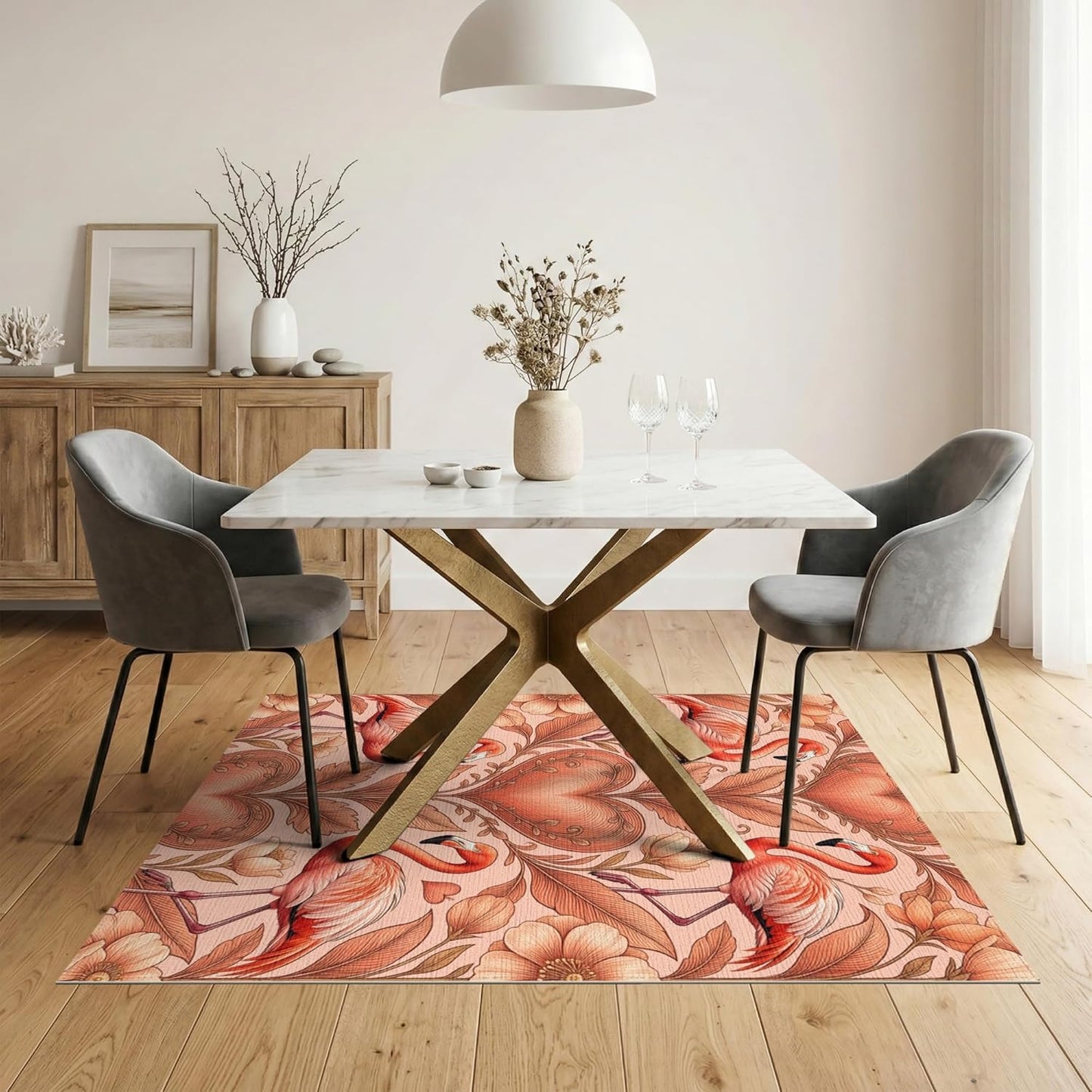 5'x7' Washable Flatwoven Rug, Peach Art Nouveau Floral Stain Resistant Area Rug for Guest Room, Lounge, Apartment, Non-Slip Low Profile Floor Covering | Ref:2088246