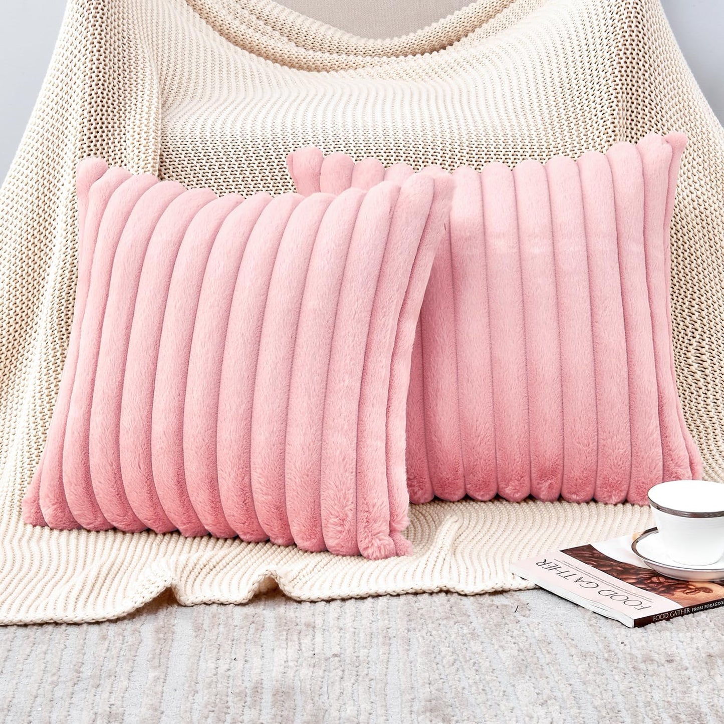 Throw Pillow Covers Decorative Faux Fur Set of 2 18x18 Inch Pillow Covers, Soft Pink Striped Pillowcases for Couch Sofa Bed Living Room, Fluffy Cute Home Boho Accent Fuzzy Decor