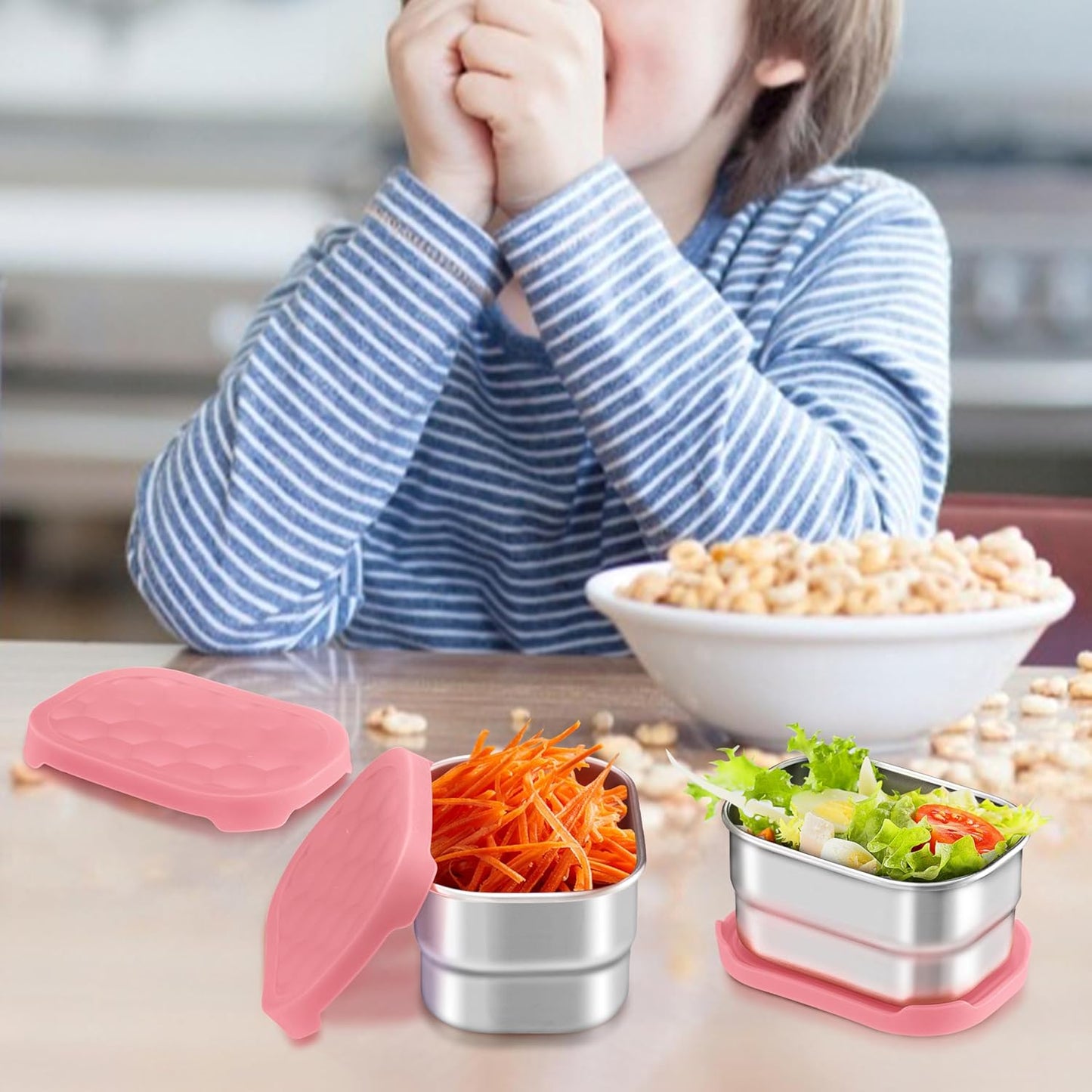 HaWare Stainless Steel Snack Containers for Toddlers and Kids, 8 oz Leak Proof Food Storage Containers with Silicone Lids, Stackable & Reusable Small Metal Lunch Box for Daycare and School- 3 Packs