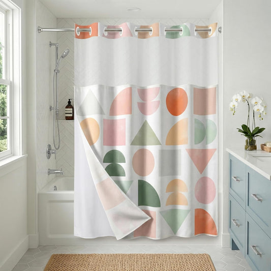 Americanflat 72x75 Hookless Shower Curtain - Water-Resistant Geometric Pastel Shower Curtain with Sheer Panel, Snap-in Liner, and Grommets - 100% Polyester - Peach, Green, Pink, Yellow & White