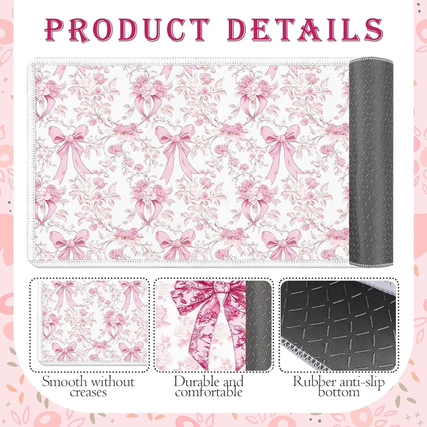 Pink Bow Kitchen Rug and Mat Set of 2, Cute Coquettte Non-Slip Kitchen Rugs, Pink Bow Sweet Decorations for Home Indoor Bathroom Living Room Sink Laundry Floor Decor 17x29 and 17x47 Inch