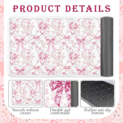 Pink Bow Kitchen Rug and Mat Set of 2, Cute Coquettte Non-Slip Kitchen Rugs, Pink Bow Sweet Decorations for Home Indoor Bathroom Living Room Sink Laundry Floor Decor 17x29 and 17x47 Inch