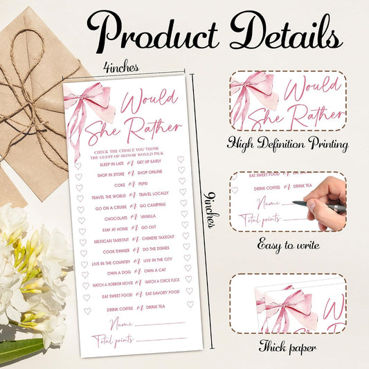 Pink Bow Wedding Shower Games, Would She Rather Wedding Games for 25 Guests, Engagement Bridal Shower Party Cards, Engagement & Bridal Party Supplies-4x9 Inch-A02