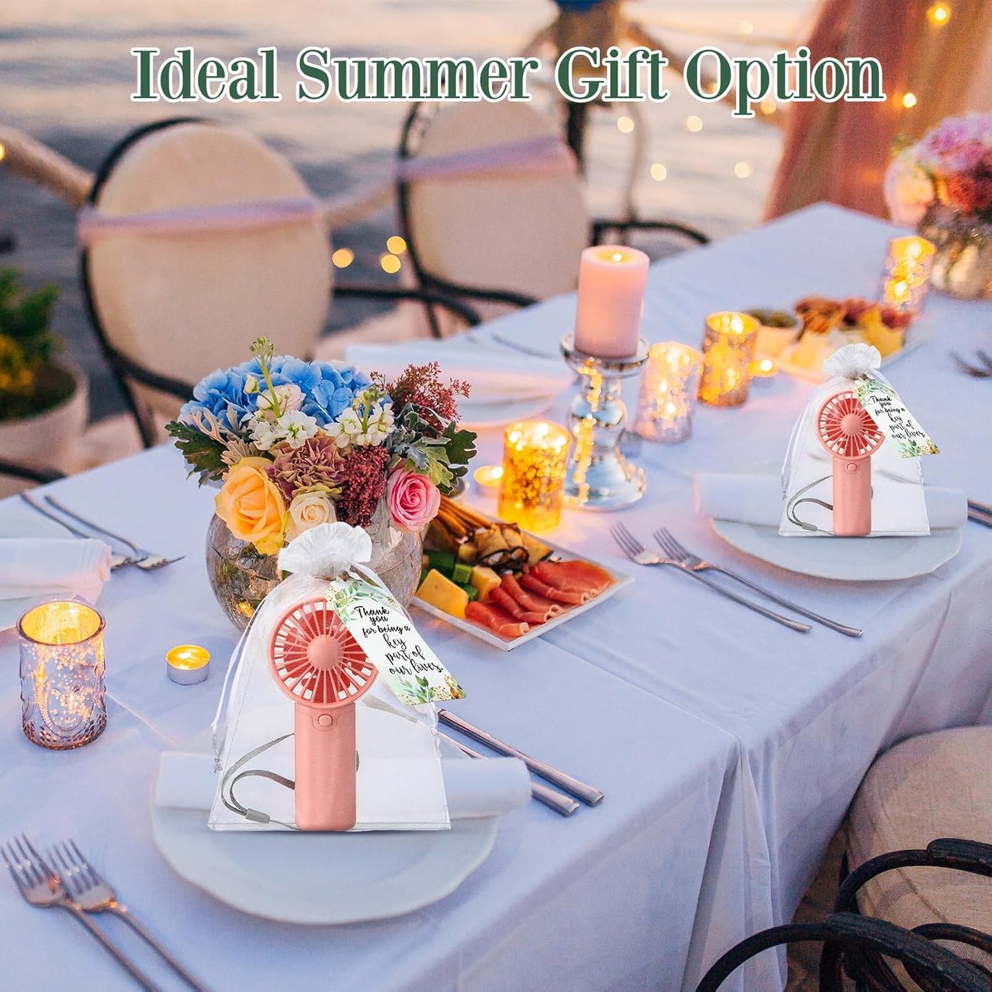50 Set Wedding Mini Handheld Fans for Guests Bulk, Portable Battery Operated Small Cooling Fans with Thank You Cards & Organza Bags, Perfect for Summer Outdoor Bridal Shower Party Favors (Pink)