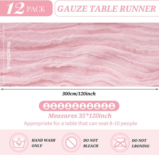 12 Pack Cheesecloth Table Runner 35 x 120 inch Long Boho Cheese Cloth Gauze Table Runners Semi Sheer Table Runner for Wedding Decor, Bridal Shower, Birthday Party (Light Pink)