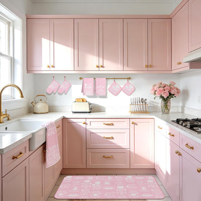 10 Pcs Pink Kitchen Dish Towels Pot Holders Oven Mitts Glove Rustic Rugs Mat Set Cute Farmhouse Kitchen Decor Accessories for Cooking Baking Home Decor Spring Housewarming Mom Gift BBQ