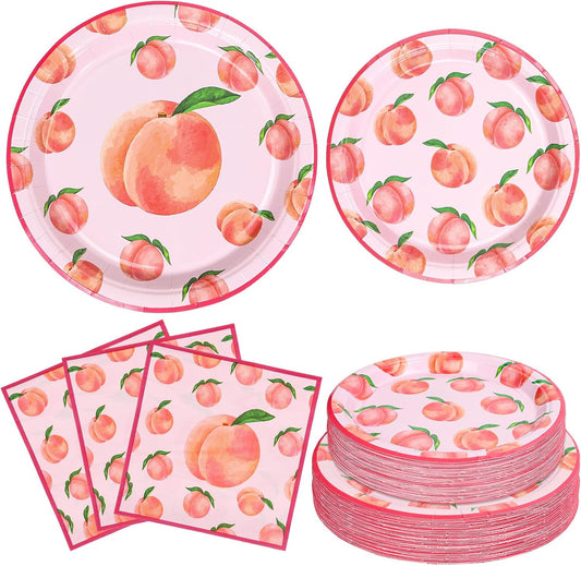 FYSUIMU 72 Pcs Peach Tableware Set Watercolor Pink Peach Fruit Disposable Plates and Paper Napkins for 24 Guests Summer Birthday Baby Shower Party Table Supplies