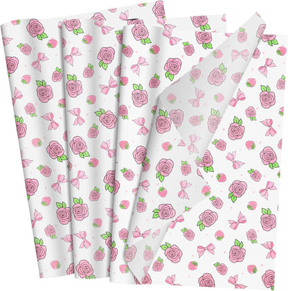 60 Sheets Gift Wrapping Tissue Paper Bulk, Pink Rose Bow Tissue Paper for Gift Bags, Decorative Art Papers for DIY Crafts Valentines Day Wedding Baby Showers Party Decor, 20x14 Inches