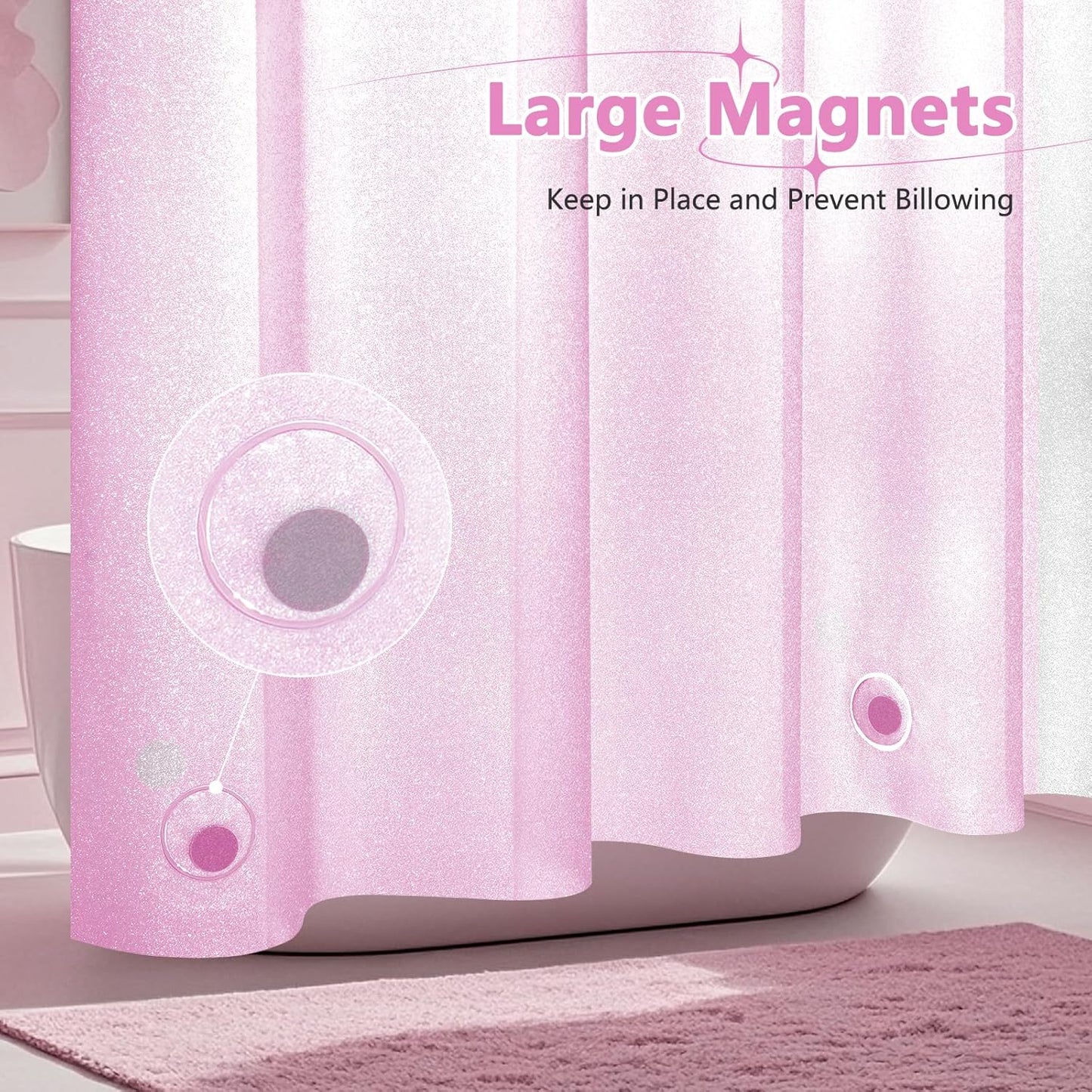 Seenus Waterproof Plastic Dreamy Pink Glitter Shower Curtain, Sparkle PEVA Shower Curtain Liner with 3 Large Magnets, 72 x 72 inch Blingbling Shimmery Bathroom Décor Shower Curtain Rose Pink