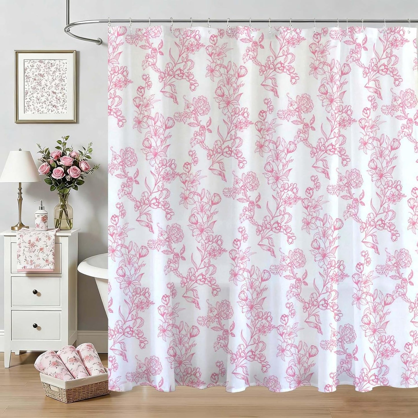 Mocsicka Floral Shower Curtain Pink Flower Bathroom Shower Curtain Spring Floral Pink Waterproof Fabric Shower Curtains Bathtub Decor with 12 Hooks 72 X 72 Inch (Pink)