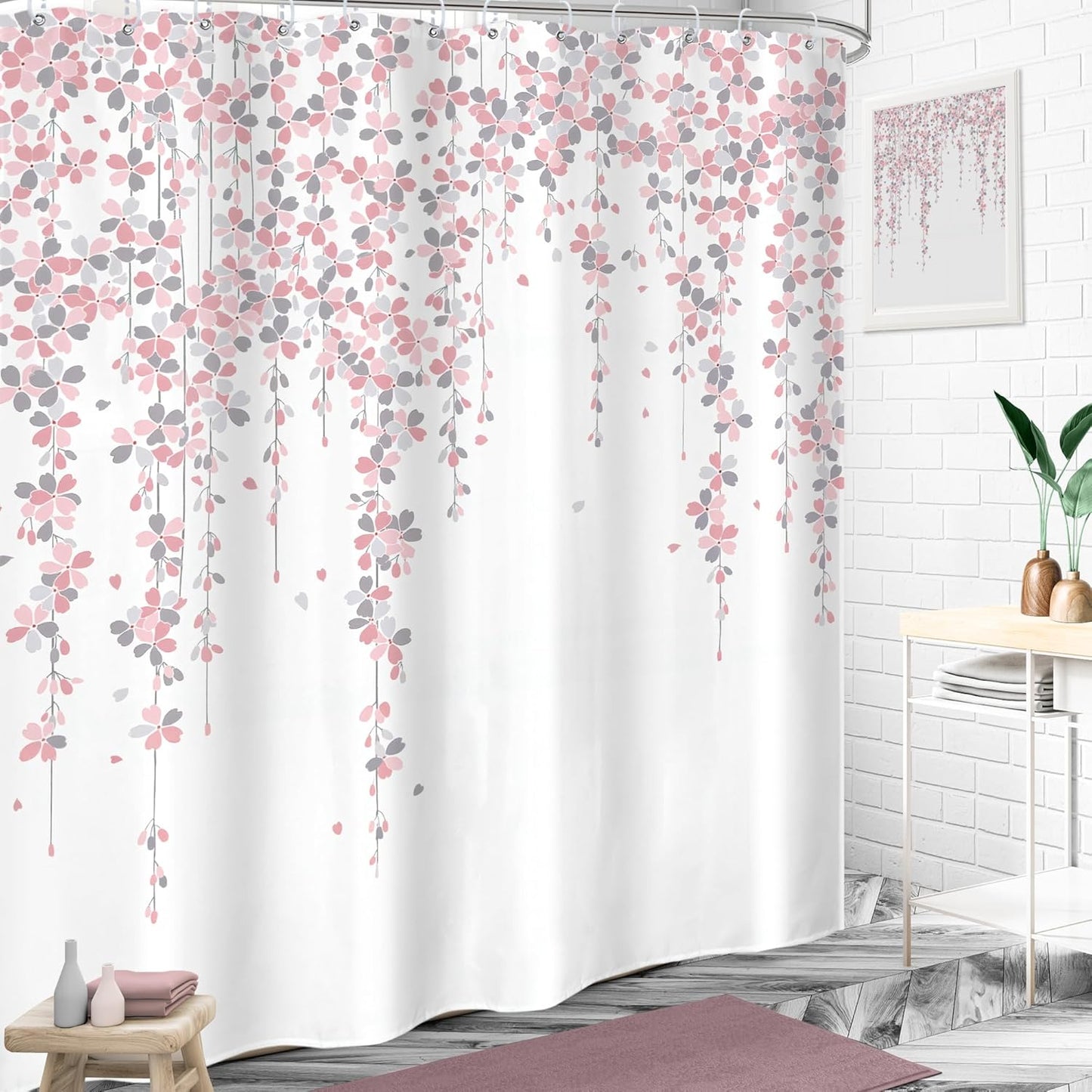 Grey Pink Floral Shower Curtain 72Wx72H Inches Dusty Rose Cherry Blossom Blooming Weeping Flowers Spring Bathroom Home Decor Cloth Fabric Waterproof Polyester Bathroom Set with Hooks