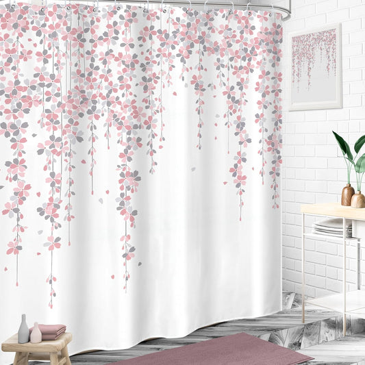 Grey Pink Floral Shower Curtain 72Wx72H Inches Dusty Rose Cherry Blossom Blooming Weeping Flowers Spring Bathroom Home Decor Cloth Fabric Waterproof Polyester Bathroom Set with Hooks
