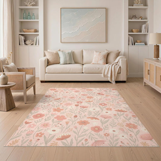 5'x7' Washable Cottagecore Floral Area Rug, Peach Non-Shedding Pet Friendly Carpet for Small Living Room, Playroom, Bedroom, Easy Care Kids Safe Mat | Ref:2159008
