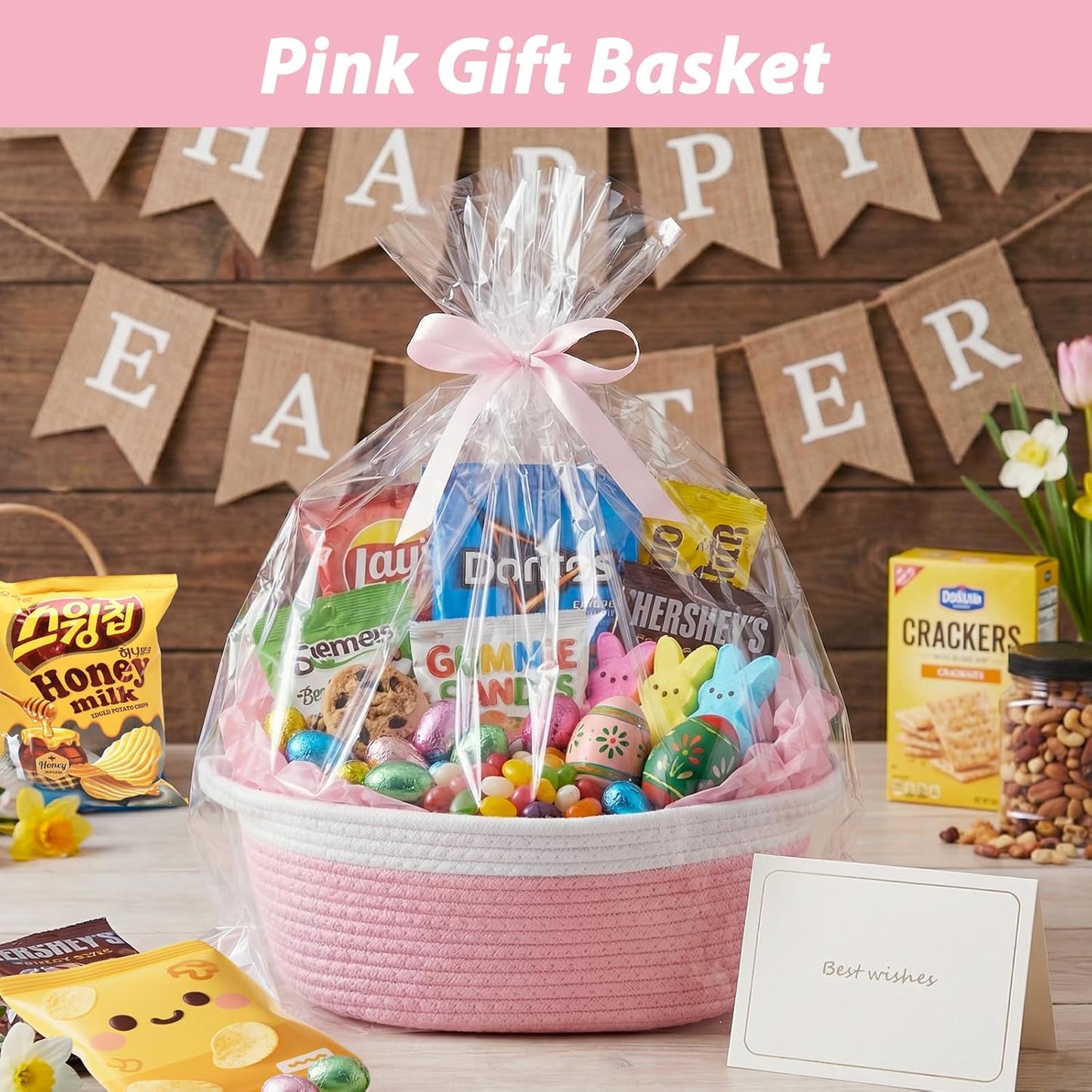woric Baby Gifts Basket Woven Basket Rope Baskets for Wedding Gifts Empty Baby Shower Toy Storage Girls Birthday Graduation Decor (Pink 12"X 8" X 5" with Gift Bag Card Ribbon Tissue Paper)