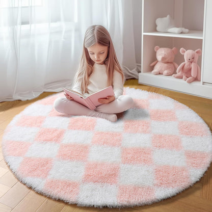 KICMOR Pink Round Rugs 5ft for Girls Bedroom, Fluffy Soft Checkered Circle Area Rug Cute Fuzzy Shag Shaggy Living Room Carpet, Indoor Plush Circular Rug for Kids Room Nursery Home Decor Aesthetic