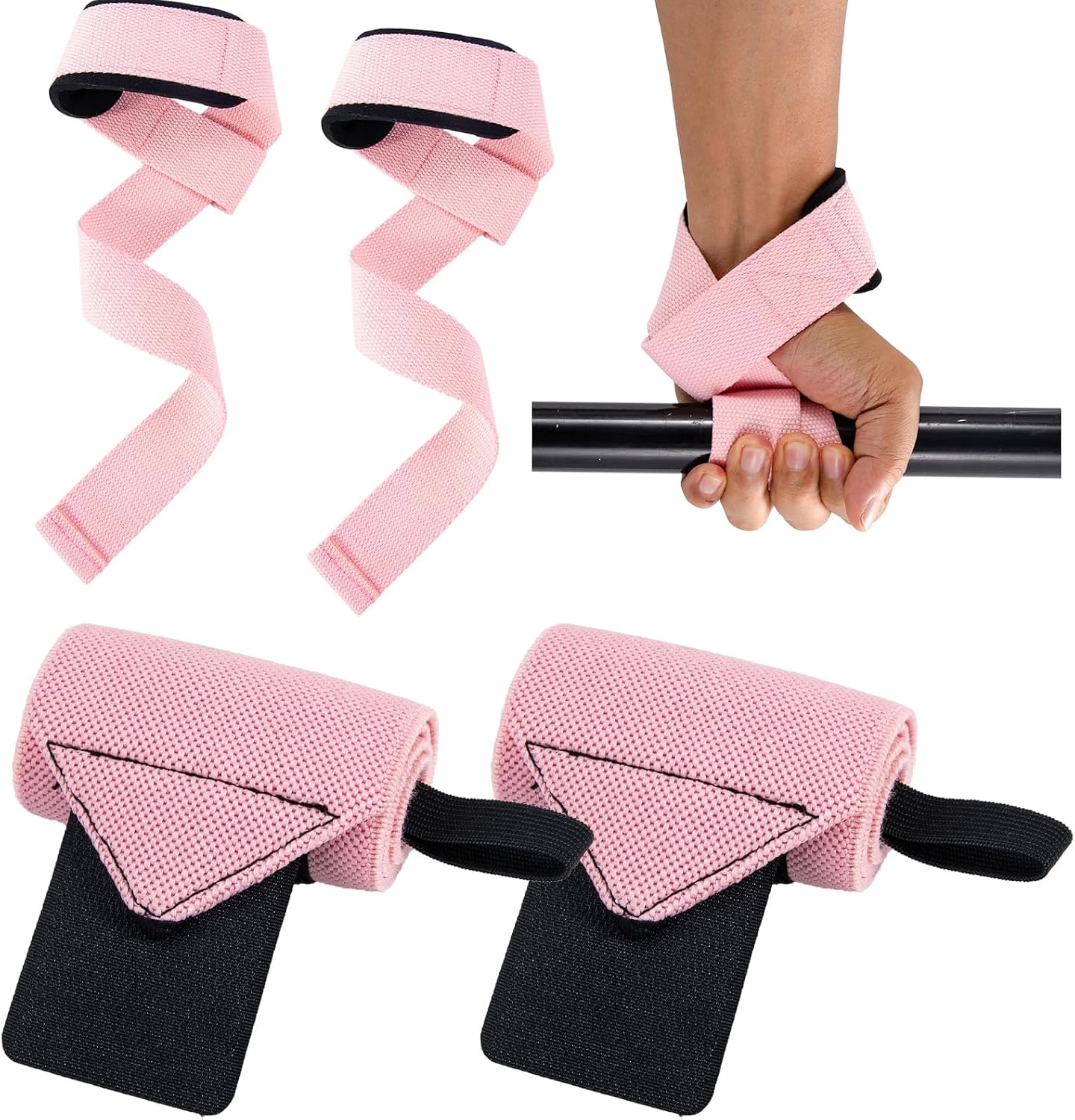 Wrist Straps for Weightlifting, 2 Pair Gym Pink Lifting Straps with Neoprene Padded Wrist Cushion, Weight Lifting Straps for Women Men, Deadlifts, Bodybuilding and Strength Training
