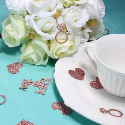 200PC Rose Gold Wedding Confetti for Bridal Shower Decorations Heart Ring Mr&Mrs Table Scatter for Bachelorette Engagement Party Decorations