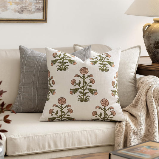 MIULEE Set of 2 Vintage Pillow Covers Neutral Decorative Floral Throw Pillows Block Print Boho Farmhouse Cushion Covers for Modern Rustic Home Decor Sofa Bed Living Room, 18 x 18 Inch, Rose Pink