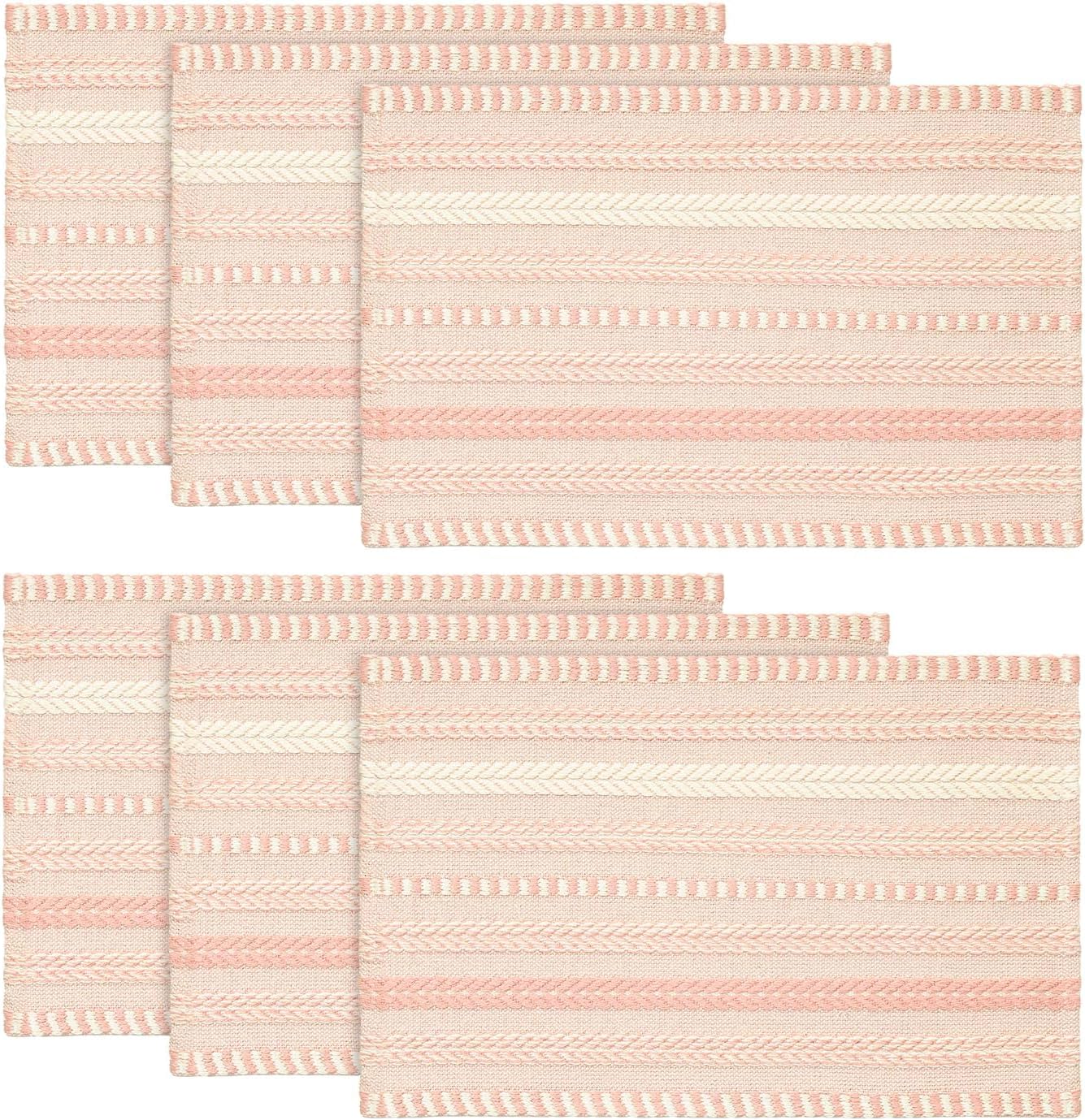 Artoid Mode Pink Farmhouse Woven Braided Stripe Placemats Set of 6,12x18 Inch Seasonal Holiday Table Mats Party Kitchen Dining Decoration