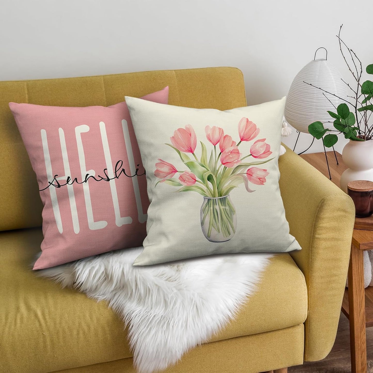Pillow Covers 18x18 Set of 4 Tulip Home Sweet Home Pink Throw Pillows Decorative Pillow Cases Hello Summer Spring Seasonal Farmhouse Decorations for Sofa Couch
