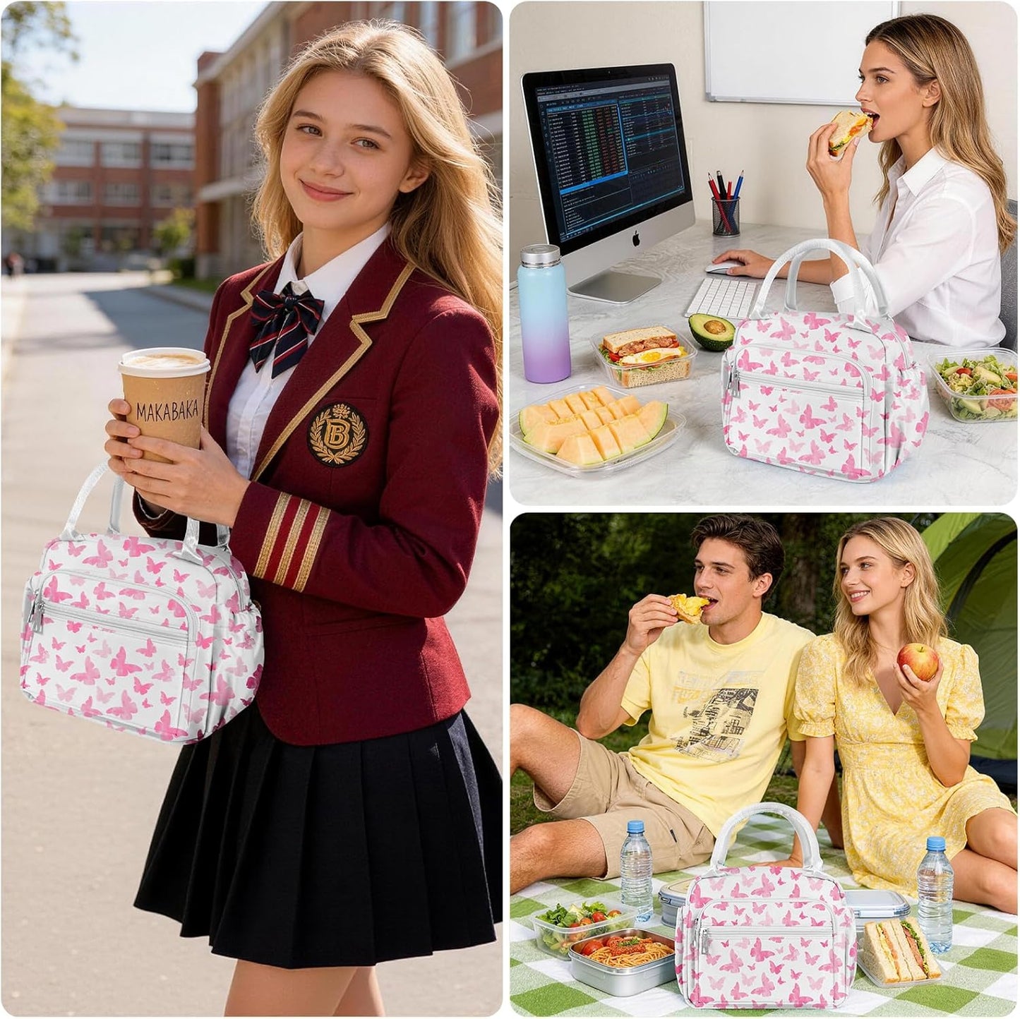 Lunch Bag Women Stylish Quilted Lunch Boxes for Adult Fit and Fresh Cooler Insulated Lunchbox for Work Cute Large 11 Liters Compact Lunchbag Waterproof (pink butterfly)