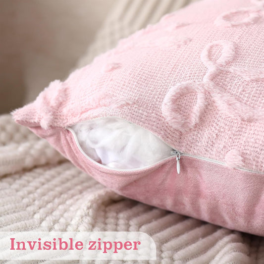 Mixweer Pink Bow Throw Pillow Covers 18x18 Set of 2 Coquette Decorative Pillow Covers Soft Plush Faux Wool Aesthetic Pillowcases Preppy Room Decor for Bed Sofa Couch Living Room