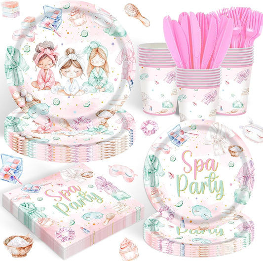 120PCS Spa Party Supplies Pink Makeup Themed Birthday Party Decorations for Girls Child Kids Slumber Sleepover Pajama Tableware Set Plates Napkins Cups Forks Knives for 20 Guests
