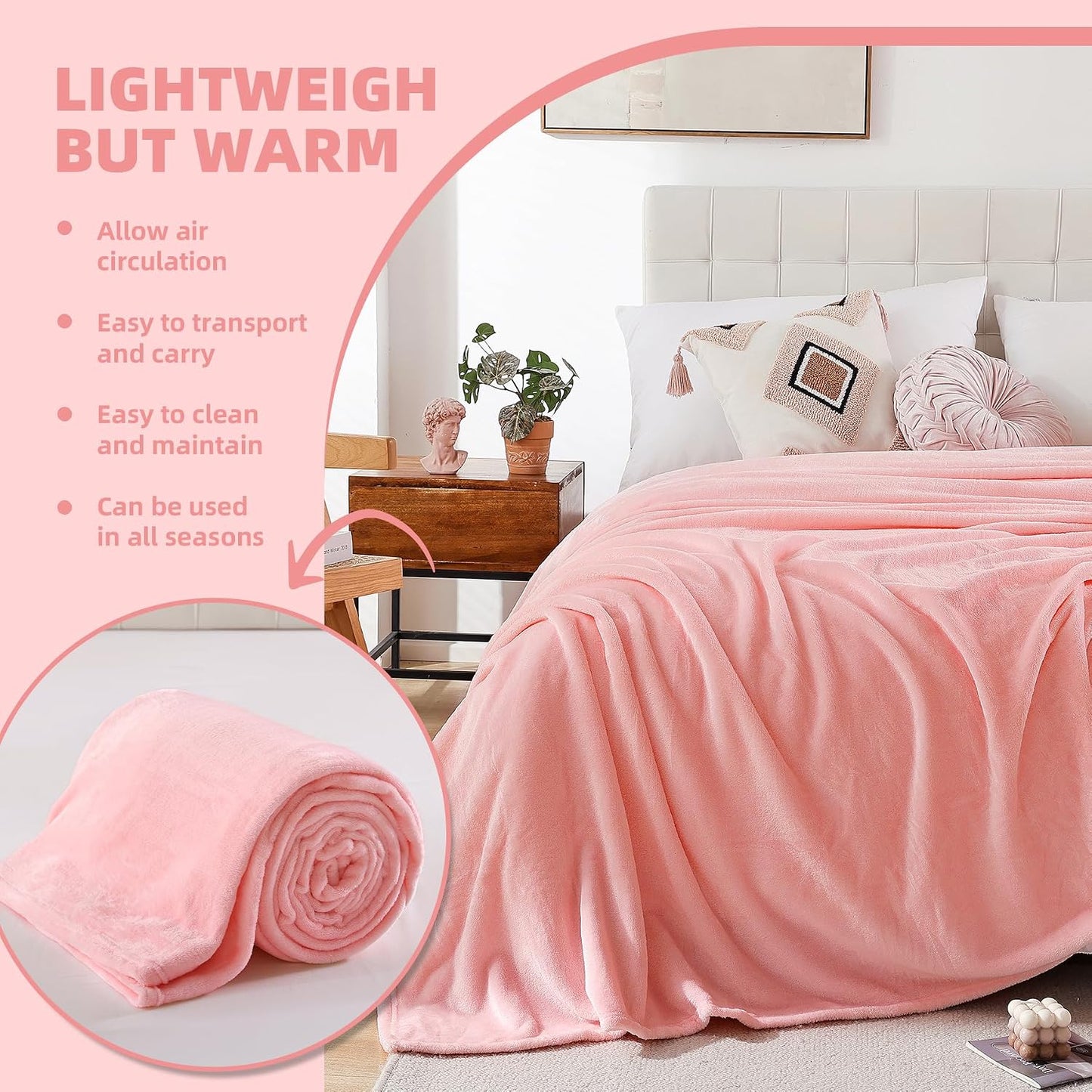 Pink Fleece Throw Blanket for Couch Chair Sofa, Soft Warm Fuzzy Cozy Blankets for Women Men, 300GSM Room Decor Flannel Microfiber Blankets for All Seasons, 50x60 Inches