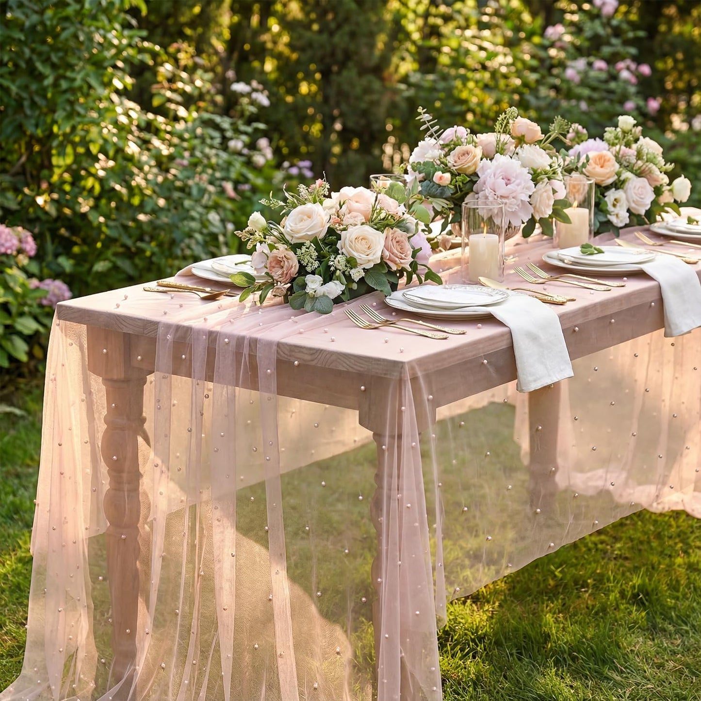 Horaldaily Pink Pearl Pink Gauze Tablecloth 60×84 Inch Rectangular, Spring Summer Tulle Lace Cheesecloth, Bridal Shower Table Cover for Wedding Birthday Table Decor