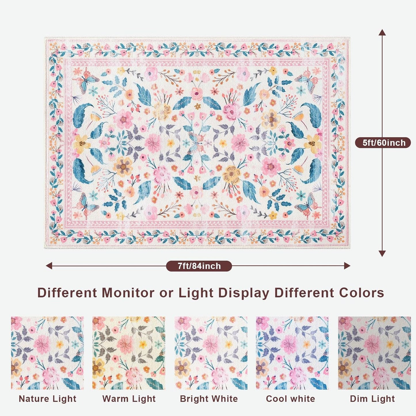 Terrug 5x7 Pink Floral Area Rug for Living Room,Boho Machine Washable Ultra-Thin Rugs with Non-Slip Blacking for Bedroom,Large Flower Carpet for Dining Room Playroom Floor Decor