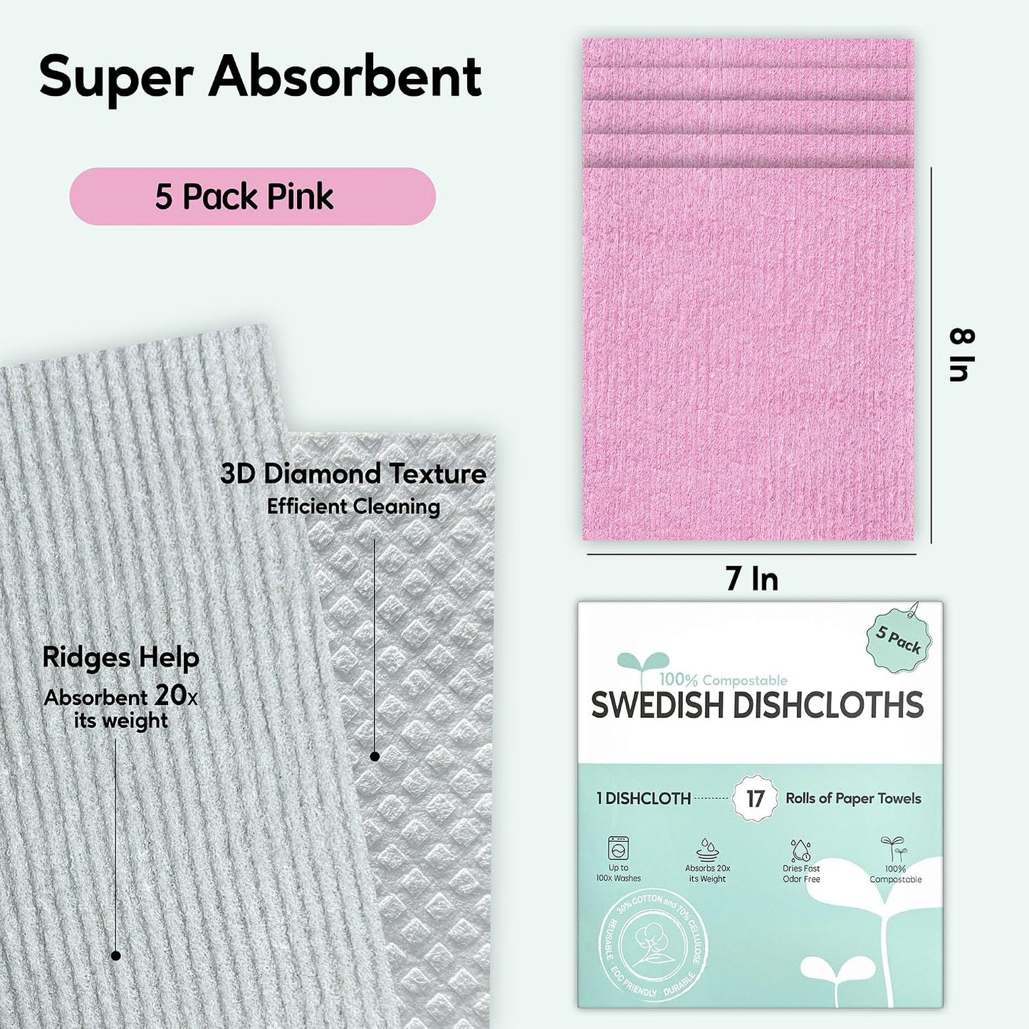 Swedish Dishcloths for Kitchen, 5 Pack Swedish Dish Cloths, Ultra Absorbent Reusable Paper Towels, Cellulose Sponge Cloths, Quick Drying, No Odor, Dishwasher Safe Pink