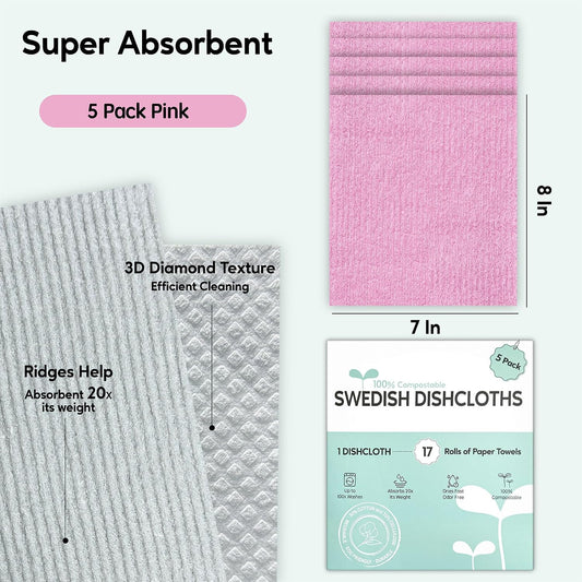 Swedish Dishcloths for Kitchen, 5 Pack Swedish Dish Cloths, Ultra Absorbent Reusable Paper Towels, Cellulose Sponge Cloths, Quick Drying, No Odor, Dishwasher Safe Pink