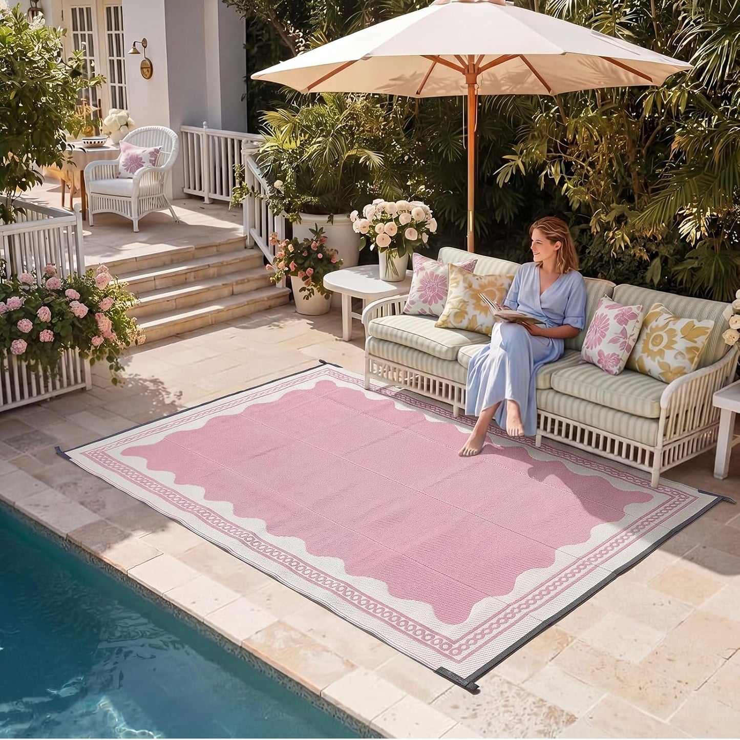 Dunzy Scalloped Outdoor Patio Rug, 5 x 8 ft Non-Slip Plastic Straw Scalloped Carpet Waterproof Indoor Outdoor Area Mat for Outside Rv Camping Deck Pool Beach Porch Backyard(Pink)