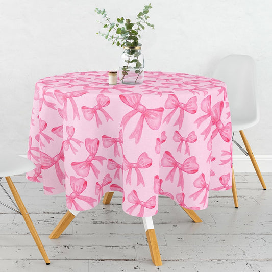 FYSUIMU Pink Bow Round Tablecloth 60 Inch Trendy Ribbon Bowknot Fabric Cloth Washable Table Cover for Picnic Dinner Table Decoration