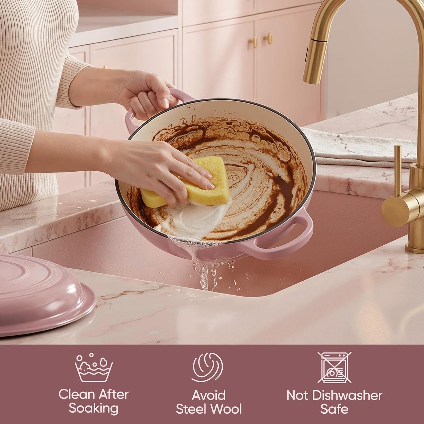 3 Quart Enameled Cast Iron Braiser, Non Stick Enameled Cast Iron Skillet with Lid, Dutch Oven Skillet with lid up to 500°F for Oven, Stove, Grill, Shallow Dutch Oven for Cook, Bake (Pink)