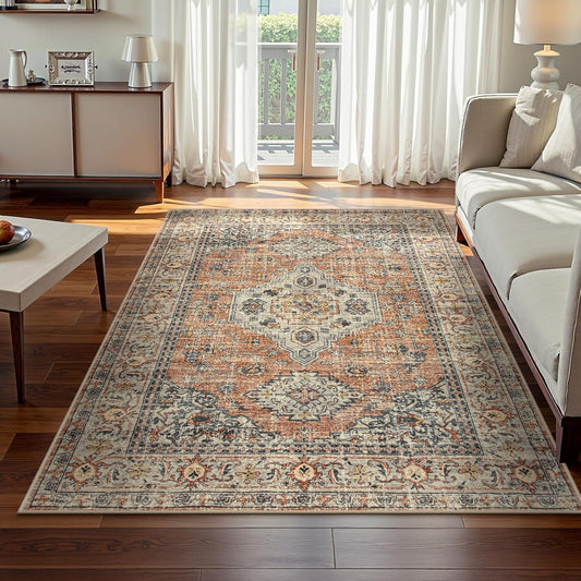 Lahome Oriental Washable Rugs 5x7, Soft 5x7 Rug for Bedroom Living Room, Ultra-Thin Non Slip Stain Resistant Vintage Throw Carpet for ‎Dining Room Office Eleanor, Peach/Orange