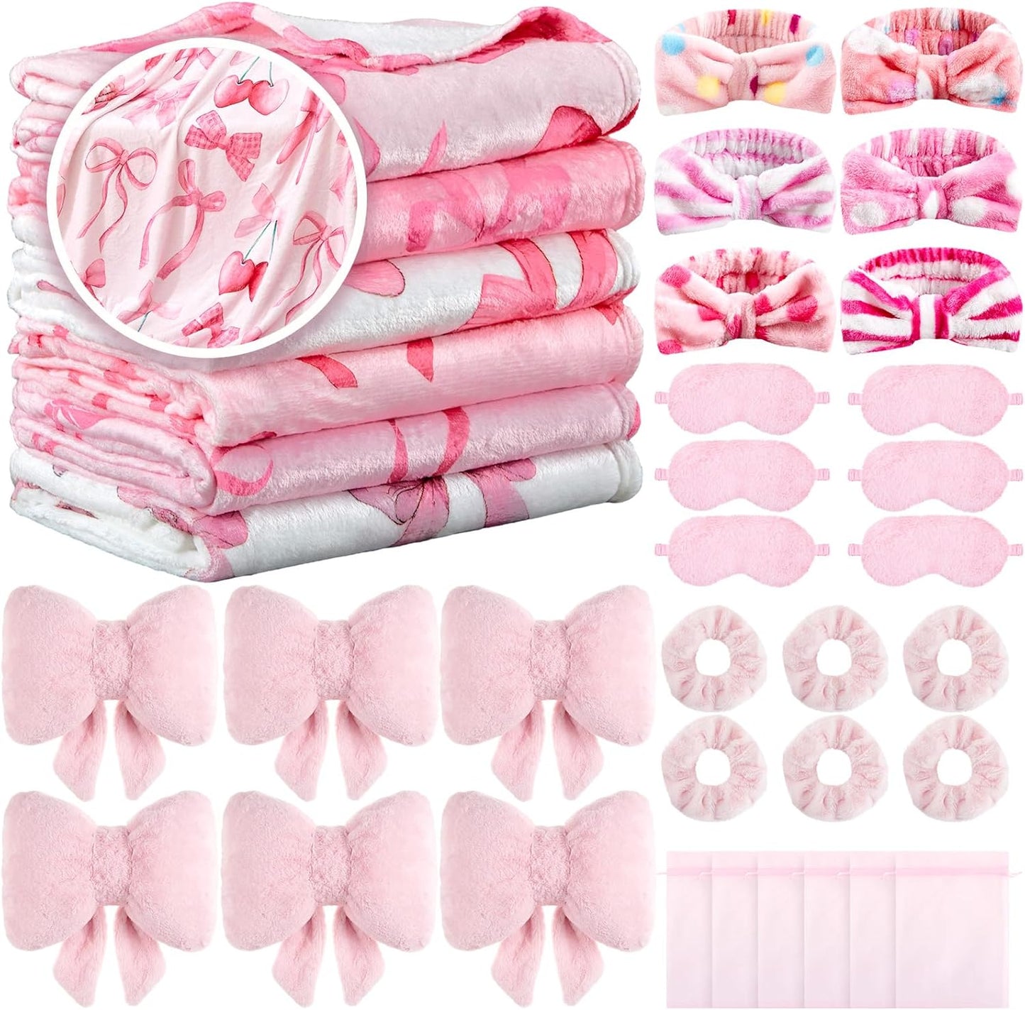 Fanfanwin 36 Pcs Sleepover Party Supplies for Girls Throw Blanket Spa Headband Heart Shaped Pillows Sleep Eye Mask Scrunchies Organza Bag for Spa Birthday Party Favors(Fresh Bow,Pink)