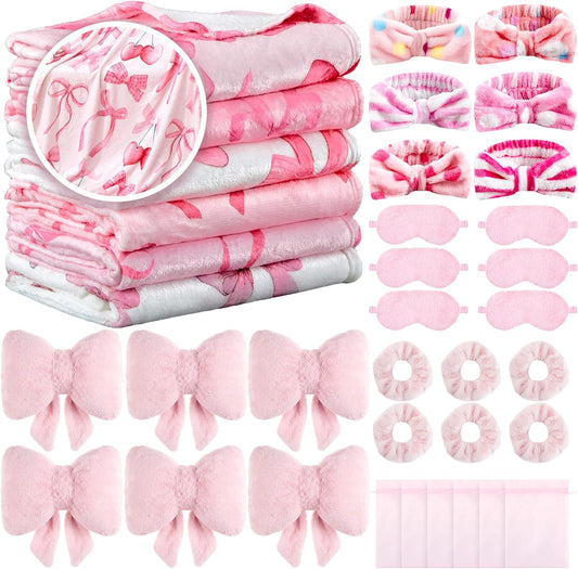 Fanfanwin 36 Pcs Sleepover Party Supplies for Girls Throw Blanket Spa Headband Heart Shaped Pillows Sleep Eye Mask Scrunchies Organza Bag for Spa Birthday Party Favors(Fresh Bow,Pink)