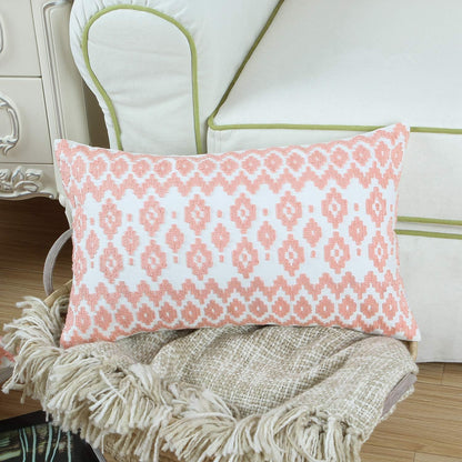 Throw Pillow Cover Embroidered 1pc Summer Couch Accent Decorative Lumbar Pillowcase, Peach 12x20 Empire Diamonds Patterned Peachy Pink and White Motif Nectar Boho Geometric Bolster Cushion Cover
